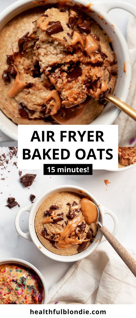 These super fluffy air fryer baked oats are healthy, moist, and taste like a cake. Add chocolate chips, sprinkles, or blueberries for a fun, 15-minute, high-protein breakfast! Air Fryer Protein Bars, Air Fryer Baked Oats, Baked Blueberry Oatmeal, Airfryer Breakfast, 25 Grams Of Protein, Blondie Recipes, Baked Oats Recipe, Low Calorie Baking, Oats Recipes Breakfast