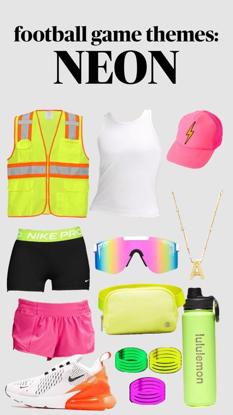 football game themes: neon #fyp #outfit #football #neon #preppy #lululemon #pitvipers Neon Football Theme, Football Game Themes, Neon Preppy, Football Season Outfits, Preppy Lululemon, Hs Football, Fb Games, Spirit Week Outfits, Best Friend Halloween Costumes