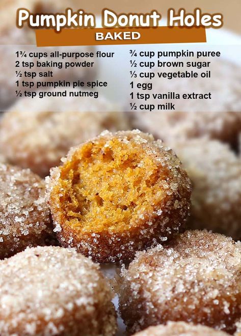 Pumpkin Donut Holes, Pumpkin Donut, Doughnut Holes, Pumpkin Desserts, Pumpkin Recipes Dessert, Fall Breakfast, Donut Holes, Baked Donuts, Baked Pumpkin