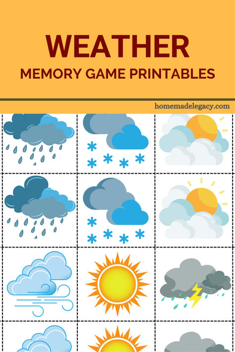 Weather memory game is a great way for children to learn about the weather.  All you have to do is download and print on an A4 paper. Each symbol is cut out and placed face down randomly. Children then have to flip the symbol to find the matching two.  #memorygame #weatheractivity #printables Weather Matching Game Free Printable, Weather Games For Kids, Memory Games For Kids Printable, Weather Printables, Weather Games, Memory Match Game, Executive Functioning Skills, Activity Sheets For Kids, Games For Boys