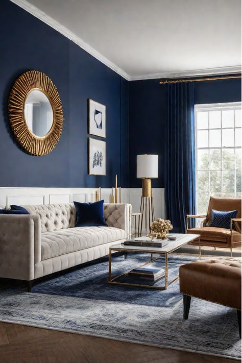 Elegant living room with navy blue accent wall and gold decor Navy Blue Beige And Gold Living Room, Blue Gold And Cream Living Room, Navy Blue And Ivory Living Room, Navy Blue Ivory Gold Living Room, Dark Blue And Cream Living Room, Marine Blue Living Room, Navy Blue And Beige Living Room Ideas, Navy Blue And Taupe Living Room, Navy And Brass Living Room