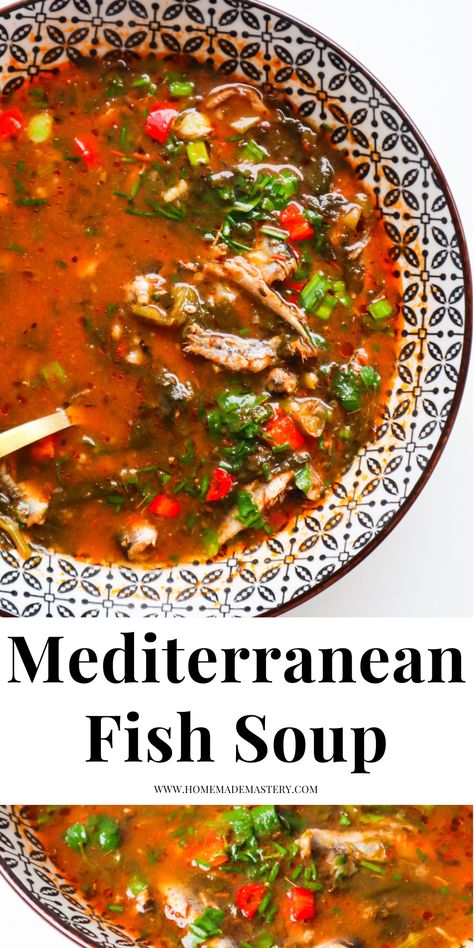 Mediterranean fish soup recipe! The shining stars in this amazing Mediterranean soup are the tomatoes, sardines and dill. This is a light, satiating and healthy lunch or dinner idea that you'll want to make again and again and again. You can make the soup with whatever kind of fish fillets you have. How To Eat Sardines, Sardine Recipes Canned, Fish Soup Recipe, Mediterranean Soup, Recipe With Tomatoes, Mediterranean Fish, Seafood Soup Recipes, Wraps Recipes Healthy, Sardine Recipes