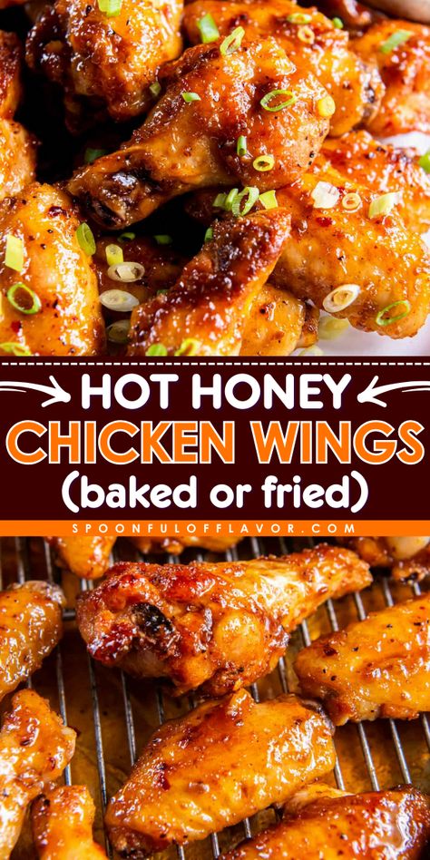 These homemade hot honey chicken wings are cooked to crispy perfection and are coated in a delicious hot honey sauce. They are perfect for game day gatherings or an easy weeknight dinner! Bake, grill, air fry or deep fry these wings. Chicken Wing Airfryer, How To Make Bbq Chicken Wings, Fried Chicken Wings Recipe Crispy, Hot Honey Wings Recipes, Chicken Wings Recipes For Dinner, Easy Chicken Wings In The Oven, Chicken Wing Ideas, Chicken Wings Sauces, Hot Wings In The Oven