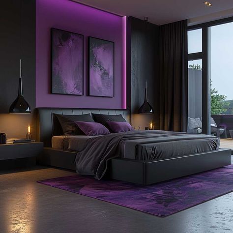 Elegant Bold Black and Purple Bedroom Interior Color Combination • 333+ Art Images Purple Velvet Bedroom Ideas, Black Gold And Purple Bedroom, Royal Purple Bedroom Ideas, Purple Masculine Bedroom, Purple And Black Room Aesthetic, Black And Purple Decor, Modern Purple Bedroom Ideas, Purple Bedroom Inspirations, Black And Gray Bedroom Ideas