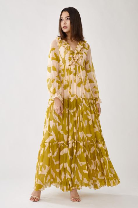 Buy KoAi Peach Chiffon Printed Tiered Dress Online | Aza Fashions Printed Maxi Dress Indian, Maxi Dress Indian, Color Block Maxi Dress, Womens Trendy Dresses, Balloon Sleeve Dress, Chiffon Floral, Printed Long Dresses, Stylish Dresses For Girls, Frock Design