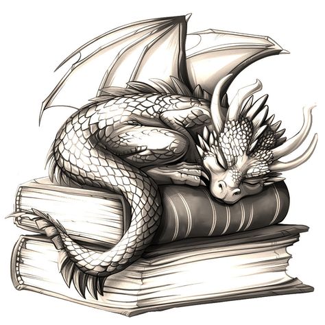 How To Draw Dragons Sketches, Book With Dragon Tattoo, Sitting Dragon Tattoo, Fantasy Dragon Sketch, Book Dragon Drawing, Wood Dragon Tattoo, Easy Fantasy Art, Books And Dragons Tattoo, Dragon On Books Tattoo