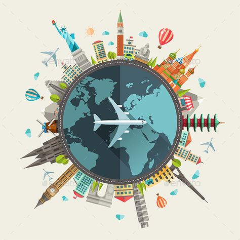 Travel Around the World Illustration - Travel Conceptual Travel Around The World Illustration, Around The World Illustration, Earth Drawing, World Illustration, Best Travel Apps, Arte Doodle, Add Design, Flat Design Illustration, Travel Wallpaper