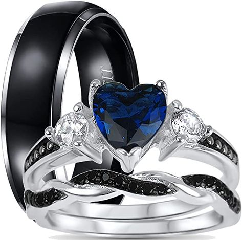 Blue Black Wedding, Wedding Band Engagement Ring Set, Black Wedding Ring Sets, Sterling Silver Wedding Rings Sets, Cz Wedding Ring Sets, Wedding Rings Sets His And Hers, Matching Promise Rings, Gothic Wedding Rings, Engagement Rings Wedding Bands Set