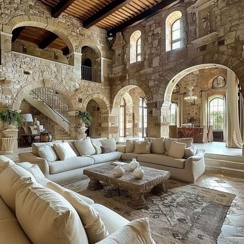 Italian House Interior Modern, Tuscany Style Home Exterior, Italian Villa Interior Living Rooms, Italian Villa Style Home, Meditaranian Interiors Living Room, Living Room Italian Style, Italian Villa Living Room, Tuscany Villa Interior, Italian Stone House