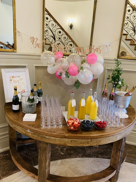 Waffles And Mimosas Party, How To Set Up A Mimosa Bar, Dollar Tree Mimosa Bar, Mimosa Bar Set Up Bridal Shower Ideas, Small Mimosa Bar, Brunch And Mimosas Party, Mimosa Bar Decorations, Mimosa Set Up, Bridal Mimosa Bar