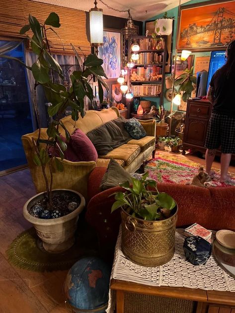 Home Inspo Maximalism, Eclectic Decor Maximalist, Maximalist Basement Ideas, Busy Interior Design, Hanging Decor Ceiling, Cottagecore Entertainment Center, Indie Apartment Aesthetic Living Room, Small Eclectic Home, 90s Whimsigoth Home