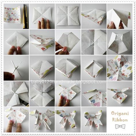 Tutorial: Origami Ribbon Bow ~ Handmade Ribbon Origami, Paper Bows Diy, Origami Instructions For Kids, Origami Ribbon, Paper Flower Ball, Homemade Decorations, Origami Diagrams, Tutorial Origami, Bow Diy