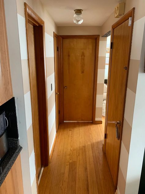 Updated Ugly Orange Doors Wide Doors Entrance, Two Front Doors On Old House, 70s Interior Doors, Update 70s Interior Doors, Updating Wood Doors, Update Wood Doors, Paint Wood Doors Interior, Wooden Door Update, Old Door Transformation