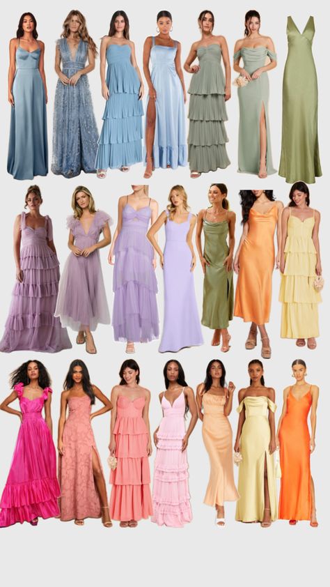 Garden Theme Wedding Bridesmaid Dresses, Same Color Different Texture Bridesmaid, Bridesmaid Color Scheme Spring, Mixed Gender Bridesmaids, Pastel Shades Bridesmaid Dresses, Mix Match Pastel Bridesmaid Dresses, Colorful Wedding Outfit Guest, Rainbow Bridesmaid Dresses Color Schemes, Pastel Wedding Guest Dress Code