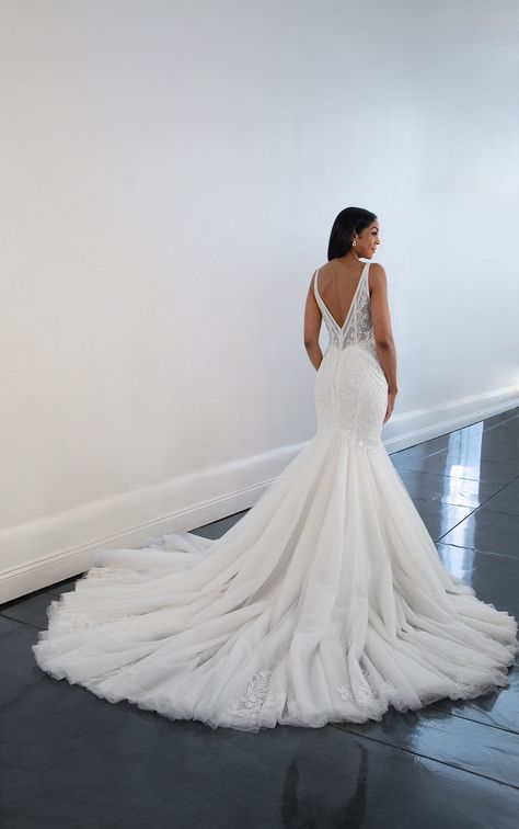 Elegant Beaded Lace Fit-and-Flare Wedding Dress with Sparkle Tulle Skirt Beaded Lace Mermaid Wedding Dress, Flare Wedding Dress, Fit And Flare Wedding Dress Tulle, Dramatic Train Wedding Dress, Mermaid Flare Wedding Dress, Fit And Flare Wedding Dress With Straps, Form Fitting Wedding Dress Long Train, Fluffy Mermaid Wedding Dress, Tulle Mermaid Wedding Dress