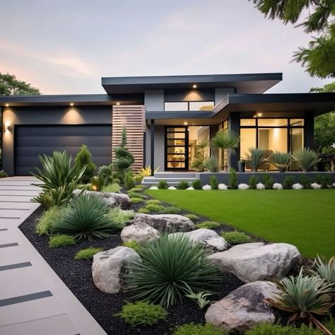 Front Home Landscaping Modern, Modern Desert Front Yard, Contemporary Landscape Design Front Yard, Along Driveway Landscaping, Modern House Driveway, Front Yard Landscaping With Driveway, Modern Driveway Ideas Concrete, Landscape Design Front Of House Modern, Landscape Next To Driveway