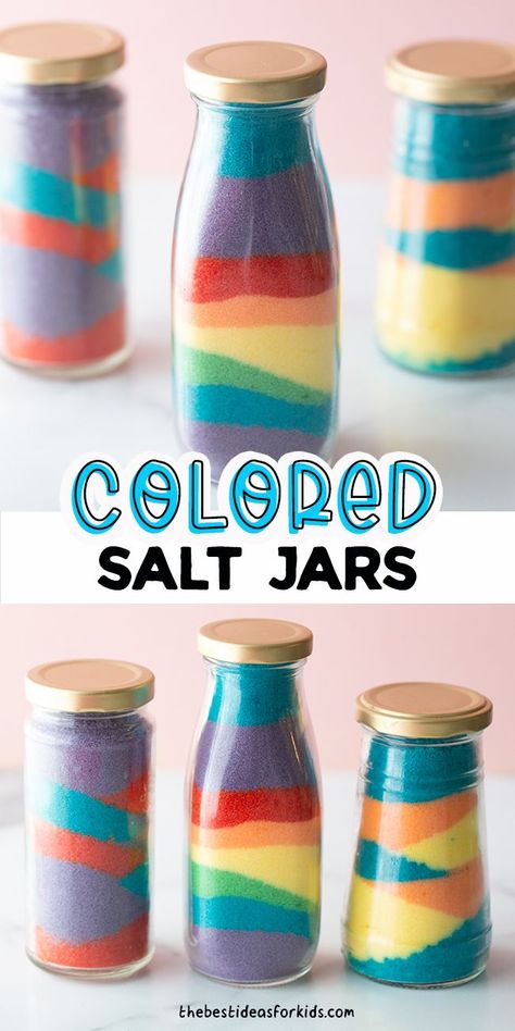 Colored Salt Art, Easy Summer Fun Ideas For Kids, Craft Sand Ideas, How To Color Salt, Sand Art For Preschool, Craft Projects For Kindergarteners, Sand Jars Diy, Easy Food Activities For Kids, Fun Diy Activities For Kids