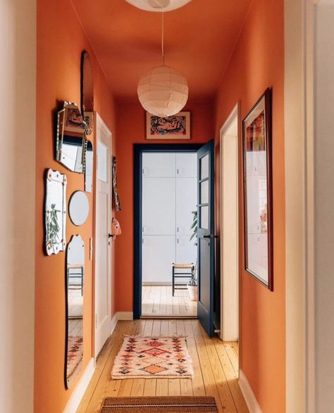 Your Colourful Home | Welcome home 😍 Hallways that makes you feel welcome 🫶 @look_good_in_blue @house_in_oslo @vibbenygaard @ingrid_oni Photo… | Instagram Orange Colour Interior Design, Orange Hallway Ideas, Orange Wall Paint, Hall Colours, Hallway Colour Ideas, Orange Entryway, Orange Interior Design, Hall Color, Orange Hallway