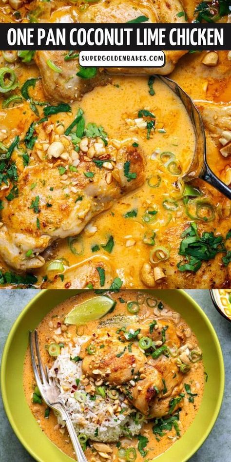 This creamy, zesty and delicious one pan Coconut Lime Chicken cooks in just 30 minutes! Skinless and boneless chicken thighs are first pan seared then braised in coconut milk until tender and packed with flavor. Shabbat Dinner Recipes, Chicken Thigh Casserole, Chicken And Vegetable Bake, Healthy Chicken Thigh Recipes, Chicken Thighs Dinner, Coconut Lime Chicken, Braised Chicken Thighs, Chicken Recipes Boneless, Clean Eating Chicken