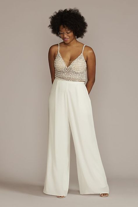 Wedding Dresses - DB Studio Crepe Wide Leg Wedding Separates Pant Style # DS152136 – View Image 3 Queer Wedding Outfit, Wide Leg Plus Size, Wedding Separates, Queer Weddings, Informal Weddings, The Modern Bride, Wedding Look, Tea Length Dresses, Plus Size Wedding