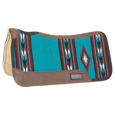 Reinsman's RANAHAN Blanket Top pad has a 100% woven wool top that is vibrantly colored and will breathe. Inside, your horse's back is protected by thick stuffing felt that is shock-absorbing, cushioning, and moisture-wicking. The soft, fleece-lined wither cut out will prevent rubbing. The natural contour shape along the spine fits nicely under your saddle. It's an ideal choice for an everyday saddle pad with the leg cut out for precise cueing. The 100% wool is natural fibers against your horse to breathe, wick moisture, and will mold to your horse's back to help prevent the saddle from slipping. With colors to complement every horse coat, you and your horse will look and feel your best! Western Horse Tack Turquoise, Western Horse Saddles, Western Saddle Pads, Relief Design, Turquoise Western, Western Tack, Western Horse Tack, Horse Gear, Tack Sets