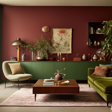 Green And Burgundy Interior, Red Rug Green Walls, Oxblood Living Room, Green And Red Home Decor, Burgundy Feature Wall Living Room, Burgundy Color Combinations Living Room, Wine Color Living Room, Cozy Red Living Room, Plum And Green Living Room