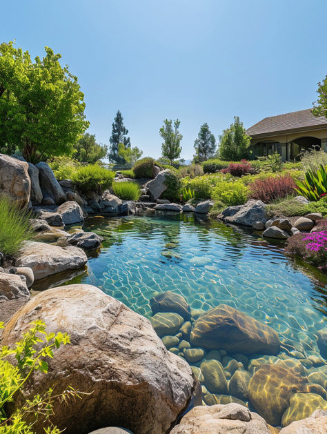 Dive into the beauty of nature with Aquascape Creations! Elevate your outdoor space with our enchanting garden pond designs. Transform your haven into a serene oasis. 🌿 #GardenPondMagic #AquascapeCreations Water Ponds Ideas Backyards, Natural Pond Landscaping, Pond In Garden, Garden Pond Waterfall, Aquascape Pond, Recreational Pond, Pool Garden Design, Garden With Pond, Pond With Waterfall