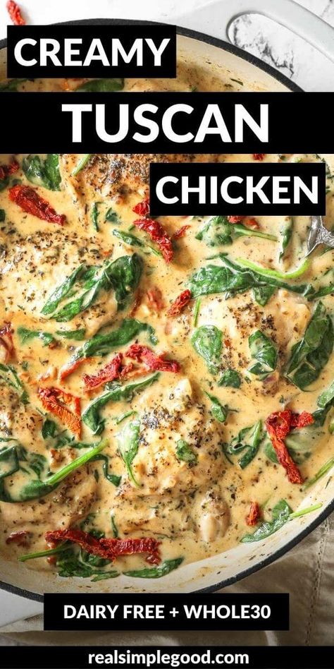 Creamy Tuscan Chicken, Dairy Free Recipes Dinner, Dairy Free Dinner, Tuscan Chicken, Gluten Free Dairy Free Recipes, Healthy Comfort Food, Sun Dried Tomatoes, Milk Recipes, One Pan