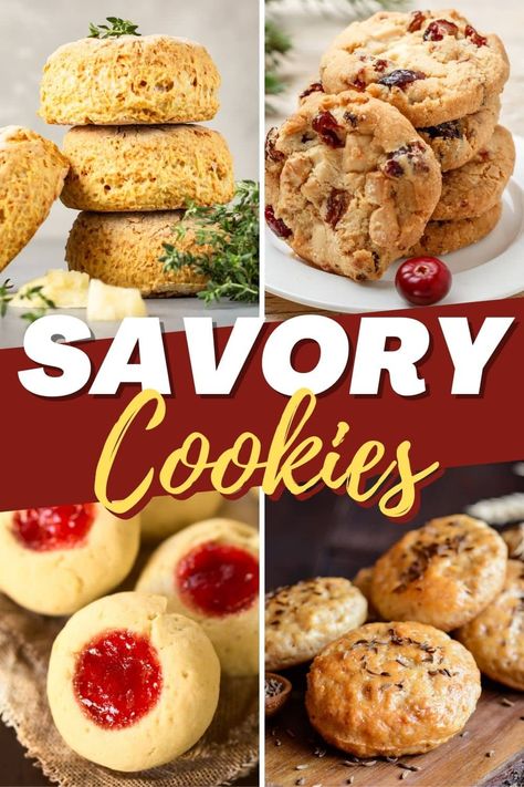 Take a break from sweets with these tempting savory cookies. From cheese biscuits to walnut crackers to lemon basil cookies, you won't miss the sugar in these tasty bites. Cheese Cookies Savory, Savory Cheese Cookies, Savory Bake Sale Treats, Savory Thumbprint Cookies, Sweet And Savory Cookies, Savory Cookies Christmas, Savoury Cookies Recipes, Savory Treats For Bake Sale, Savory Madelines