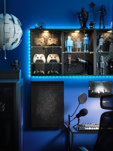 Details to set the mood - IKEA Gamer Rum, Boys Gaming Bedroom, Gaming Bedroom Ideas, Ikea Uk, Gaming Bedroom, Gamer Bedroom, Pegboard Accessories, Colored Led Lights, Gaming Room Setup