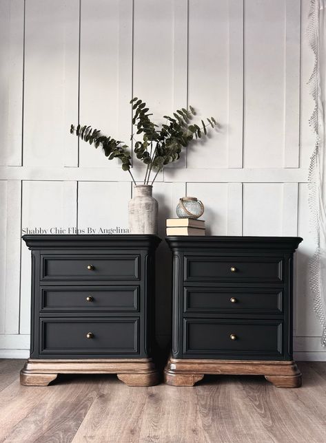 SOLD Rich Matte Black Nightstands Shipping NOT Included in Price. Please DM for Shipping Quote Before Purchasing - Etsy Wood Top Nightstand, Diy Distressed Black Furniture, Black Accent Master Bed, Matt Black Furniture, Brown Bed Black Nightstand, Black Dresser With Stained Drawers, Black Two Tone Dresser, Repurposed Long Dresser, Black Dresser And Nightstand Set