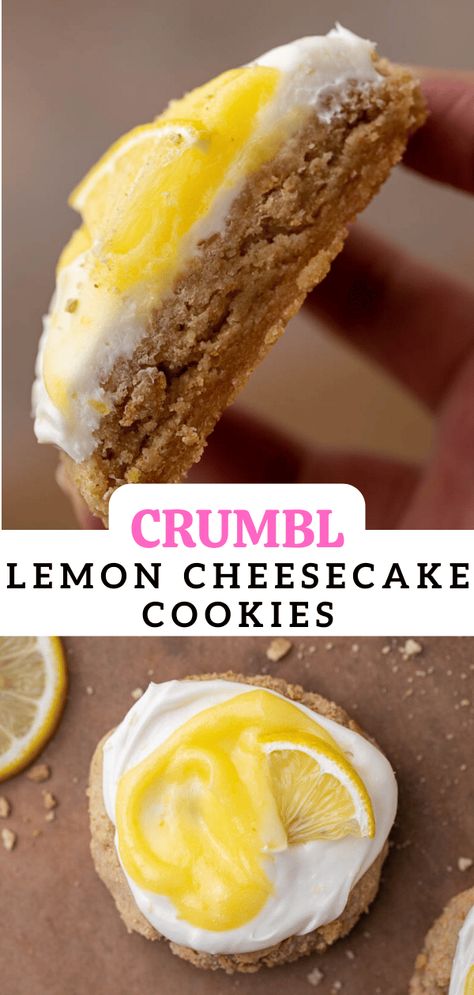 These Crumbl lemon cheesecake cookies are made wth a graham cracker cookie base, lemon cream cheese frosting, and a delicious swirl of lemon curd. Lemon Cheesecake Cookies, Cheesecake Cookies Recipes, Crumble Cookie Recipe, Lemon Cheesecake Recipes, Graham Cracker Cookies, Lemon Crinkle Cookies, Lemon Cheese, Lemon Cream Cheese Frosting, Cookie Base