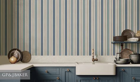 New Arrivals - Fabric, Trim, Wallcovering | Kravet Striped Wallpaper Kitchen, Blue Stripe Wallpaper, Annie Sloan Paint Colors, European Cafe, Headboard Styles, Cushion Headboard, Stripe Wallpaper, How To Hang Wallpaper, Rug Buying Guide