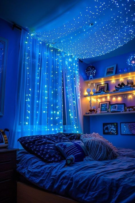 Blue Room Decor Bedroom, Celestial Bedroom, Blue Room Decor, Dream Bedroom Inspiration, Easy Room Decor, Chill Room, Room Redesign, Cozy Room Decor, Dreamy Room