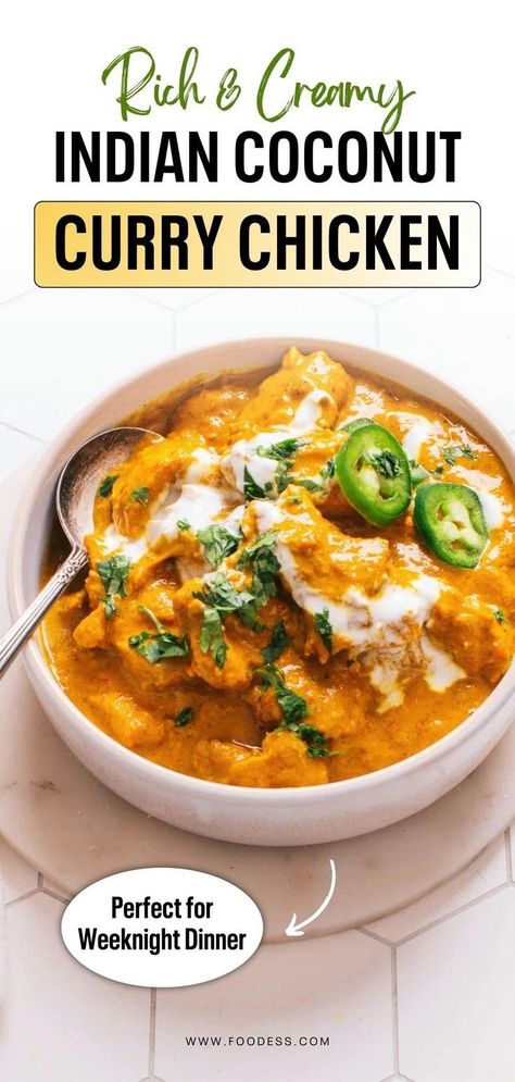 Perfect for weeknight dinners, this Creamy Indian Coconut Curry Chicken is so quick and easy to make! Aromatic spices like curry powder, turmeric, and cayenne pepper mix with rich coconut milk for an irresistibly creamy sauce. Serve it with steamed basmati rice, naan bread, paratha, or roti. This delicious chicken curry also pairs well with a tangy cucumber salad or beans stir fry. Great family friendly meals or for special occasions. Find the full coconut chicken curry recipe on my blog! Chicken Indian Food, Instant Pot Coconut Curry Chicken, Indian Coconut Curry, Steam Chicken Recipe, Easy Chicken Curry Recipe, Coconut Curry Chicken Recipes, White Curry, Curry Chicken Recipe, Chicken Curry Recipe Easy