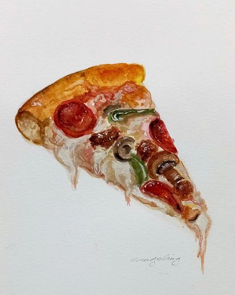 Creative Drawing Ideas, Pizza Drawing, Watercolor Food Illustration, Food Art Painting, Pizza Art, Food Artists, Gouache Illustrations, Watercolor Food, Food Painting