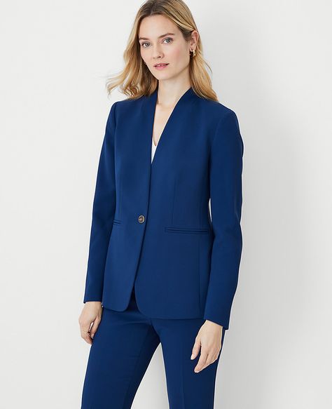 The Petite Long Collarless Blazer in Fluid Crepe Collarless Blazer, Ann Taylor Petite, Knitted Suit, Hip Style, Open Sleeve, Womens Blazers, Suit Separates, Crepe Fabric, Chic Woman