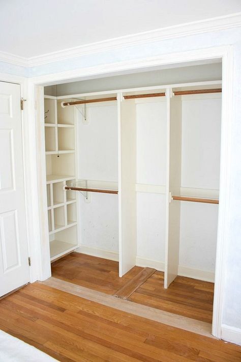 Closet renovation to remove ugly folding doors - LOVE the after!! Closet Redo, Closet Planning, Bifold Closet Doors, Clothes Closet Organization, Closet Renovation, Closet Layout, Closet Organization Diy, Closet Remodel, Kid Closet