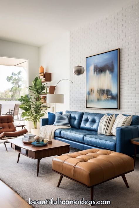 Living Room With Blue Sofa Ideas, Blue Leather Couch Living Room Decor, Blue Couch Decor, Colorful Furniture Living Room, Blue Leather Couch, Mid Century Modern Living Room Design, Leather Couch Living Room Decor, Mcm Living Room, Blue Sofas Living Room