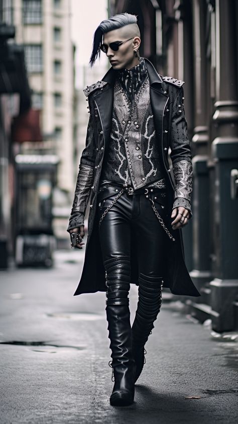 Goth man created with AI by Amanda Church Goth Steampunk, Goth Wedding Men, Punk Wizard Aesthetic, Gothic Mens Outfits, Men Steampunk, Fantasy Mens Outfits, Punk Aesthetic Men, Mens Vampire Fashion, Gothic Style Men