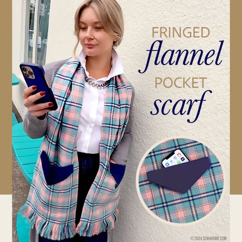 Fringed Flannel Pocket Scarf - Sew4Home Scarf With Pockets, Flannel Sewing Projects, Fleece Scarf With Pockets Free Pattern, Fleece Pocket Scarf Pattern, Flannel Shirt Bag Pattern, Flannel Hooded Pocket Scarf, Flannel Scarves, Pocket Scarves, Patchwork Scarf