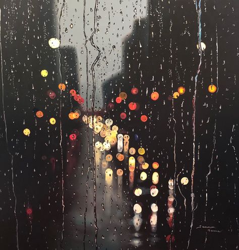 Urban acrylic painting of raindrops on window overlooking a city street.  Cars passing by at night creating a bokeh effect like in photography.  This realistic city painting is stunning! Acrylic Realistic Painting, Dark Rainy Night, Raindrops On Window, Bokeh Art, Piskel Art, Rain Painting, Street Painting, City Painting, Art Painting Gallery