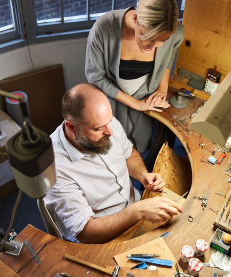 Simon in the workshop taking Charlotte through the bespoke jewellery process. Click the image to see more about the founder behind our jewellery design studio in London. Jewelry Maker Studio, Goldsmith Workshop, Jewellery Workshop, Office Reception Area, Design Studio Workspace, Symbols Of Love, Jewellery Studio, Jewellery Maker, Jewelry Design Studio