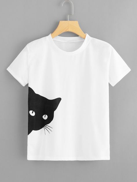 Cat Print Tee -SheIn(Sheinside) T Shirt Painting, Shirt Design Inspiration, Shirt Print Design, 자수 디자인, Cooler Look, Creation Couture, Painted Clothes, Tee Shirt Designs, Tshirt Outfits