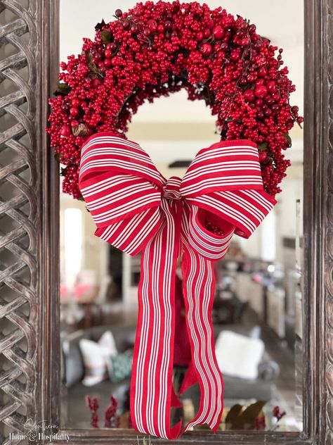 How Do You Make A Wreath Bow, How To Put A Bow On A Wreath, Bows Diy Ribbon Wreath, Tying A Bow With Ribbon For Wreath, Quick Wreath Bow, How To Tie A Ribbon Bow For Wreath, Big Bow For Front Door, Ribbon On Christmas Wreath, Wreath Bows How To Make Easy