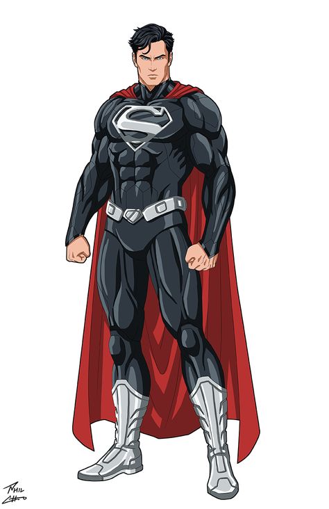 Superman New 52, Man Of Steel Costume, Superman Black Suit, Superman Suit, Superman Characters, Black Superman, Superman Pictures, Dc Animated, Phil Cho