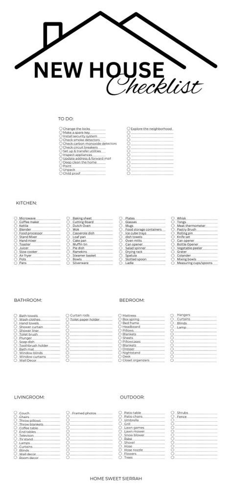 The Complete New House Checklist - homesweetsierrah.com New Move In Checklist, New Home Bedroom Checklist, Moving In Must Haves, Moving New House Checklist, New Home List To Buy, New Home Packing List, Checklist Moving Into New Home, New Home Furniture Checklist, New House List To Buy