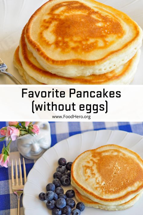 No eggs? Our Favorite Pancakes are fast and fresh, and this version of the recipe can be made without eggs. Add toppings such as berries, yogurt or applesauce to make these pancakes your own. Breakfast Recipe No Eggs, Pancake Mix Without Eggs, Pancake Mix Recipe No Egg, Pancake Recipes Without Eggs, No Eggs Pancakes Recipe, Applesauce Pancakes No Eggs, Pancake Mix No Eggs, Pancake No Egg Recipe, Easy Pancakes No Egg