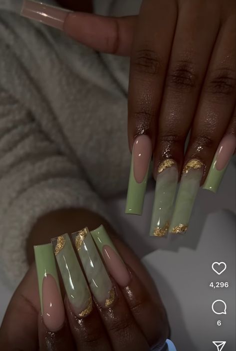 Light Green Acrylic Nails Long, Earthy Boho Nails, Earthy Sweet 16, Earthy Nails Designs Green, Earthy Nails Designs Square, Jade French Tip Nails, Green Earthy Nails, Jade Green Acrylic Nails, Earthy Green Nails