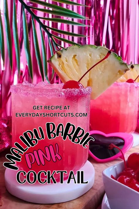 pink cocktail in a glass garnished with a pineapple wedge and cherry Pink Drink With Malibu Rum, Simple Pink Alcoholic Drinks, Barbie Birthday Dinner, Barbie Frat Party, 21st Birthday Ideas At The Beach, Barbie Birthday Party 22, Barbie Theme Beach Party, Girly Mixed Drinks Easy, Barbie Mixed Drink